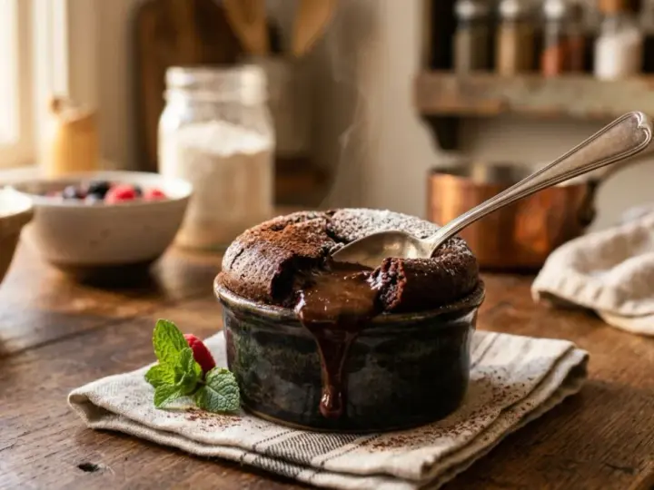 Un fondant au chocolat fumant, cœur coulant, prêt à être dégusté. Une cuillère y plonge, révélant sa richesse.