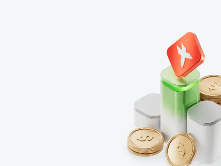 Ikona XTB stop loss na zielonym postumencie, otoczona złotymi monetami.