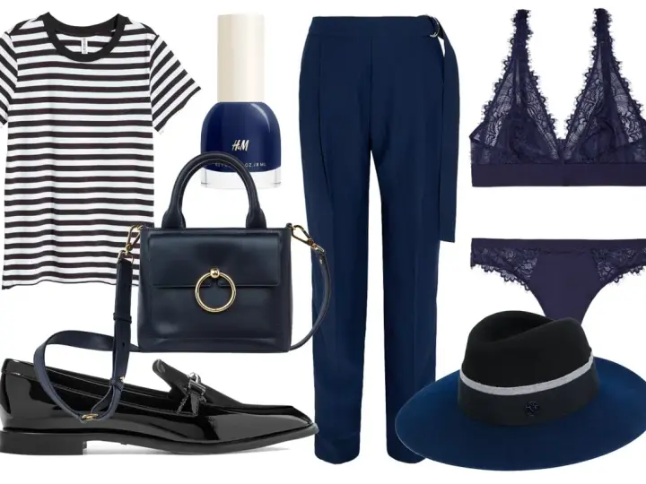 Conjunto elegante: camiseta a rayas, pantalón azul marino, lencería de encaje, bolso, zapatos y sombrero. El azul y negro combinan a la perfección.