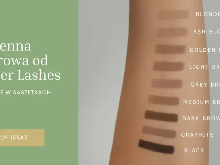 Próbki henny pudrowej Wonder Lashes na skórze ramienia. Dostępne odcienie: Blonde, Ash Blonde, Golden Brown, Light Brown, Grey Brown, Medium Brown, Dark Brown, Graphite, Black.