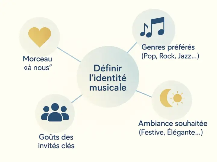Schéma pour définir l'identité musicale d'une playlist mariage toute faite : morceau à nous, genres préférés, goûts des invités, ambiance souhaitée.