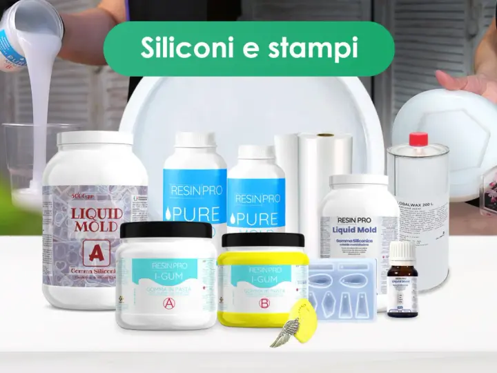 Kit per creare stampi in silicone per resina: siliconi liquidi e in pasta, stampini e accessori.