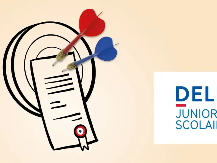 Dardos rojos y azules apuntan a un documento con un sello, simbolizando el éxito en el examen DELF Junior Scolaire, un título de francés.