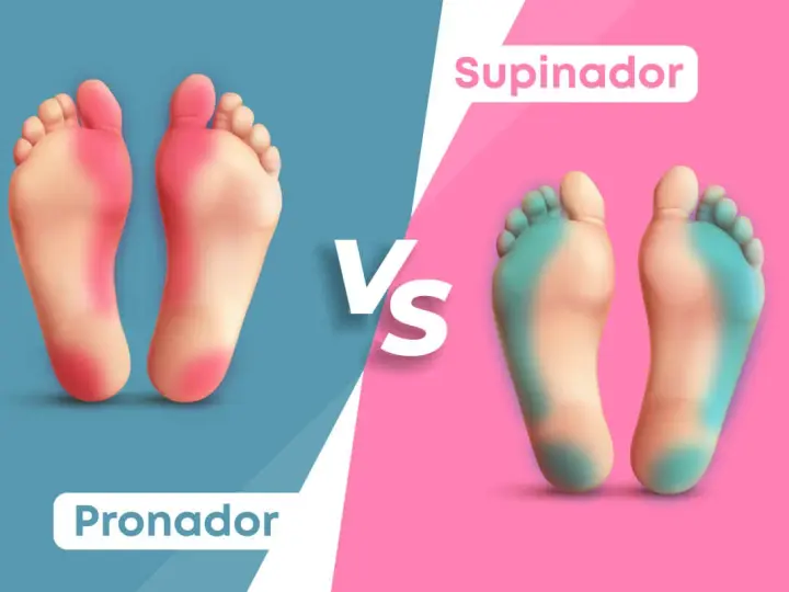 Comparación de tipos de pisadas al caminar: pronador (rojo) y supinador (azul).