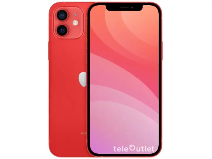 En röd iPhone 12 mini med en färgstark bakgrund på skärmen.