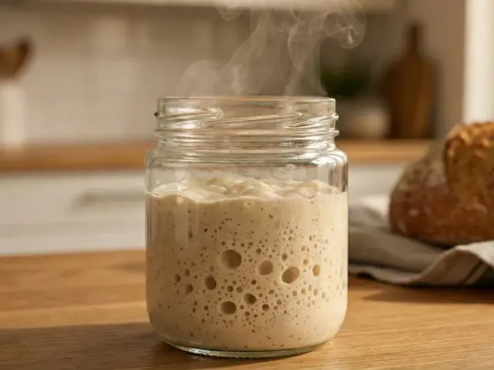 Blubbernder Sauerteig im Glas, der nach Essig riecht, dampft leicht. Daneben liegt ein frisch gebackenes Brot.