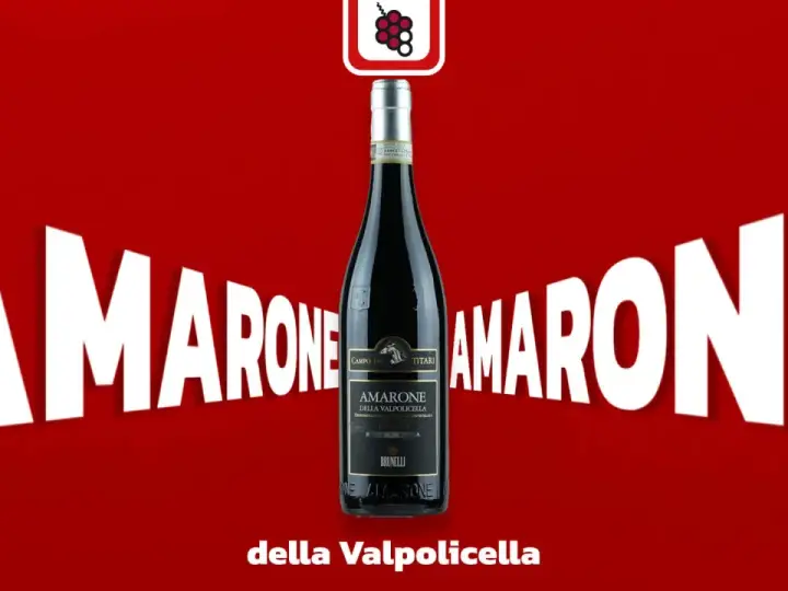 Eine Flasche Amarone della Valpolicella steht im Fokus, umgeben von riesigen weißen Buchstaben, die "Amarone" buchstabieren.