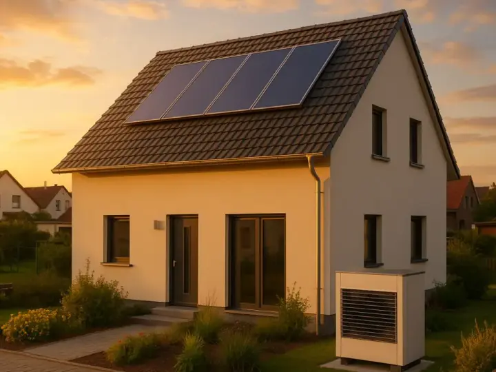 Ein modernes Haus mit Solaranlagen auf dem Dach und einer Wärmepumpe erfüllt die Effizienzhaus 55 Anforderungen.