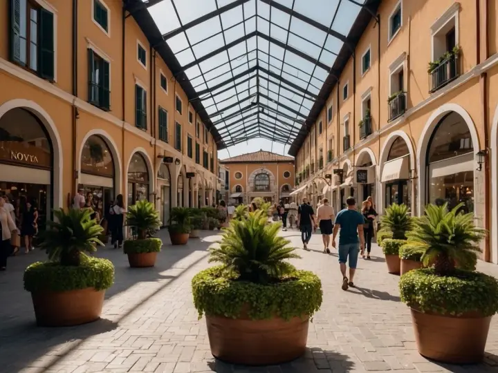 Passeggiata in una via dello shopping a Venezia, con portici, negozi e piante in vaso sotto un tetto di vetro.