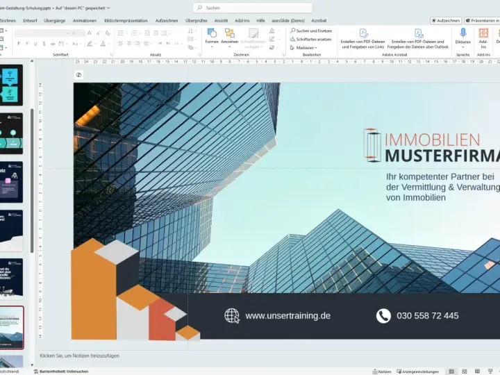Eine PowerPoint-Präsentation mit einem modernen Design für eine Immobilienfirma.