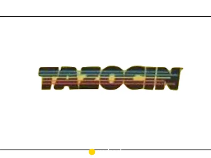 Napis TAZOCIN w stylu retro, z kolorowymi pasami.