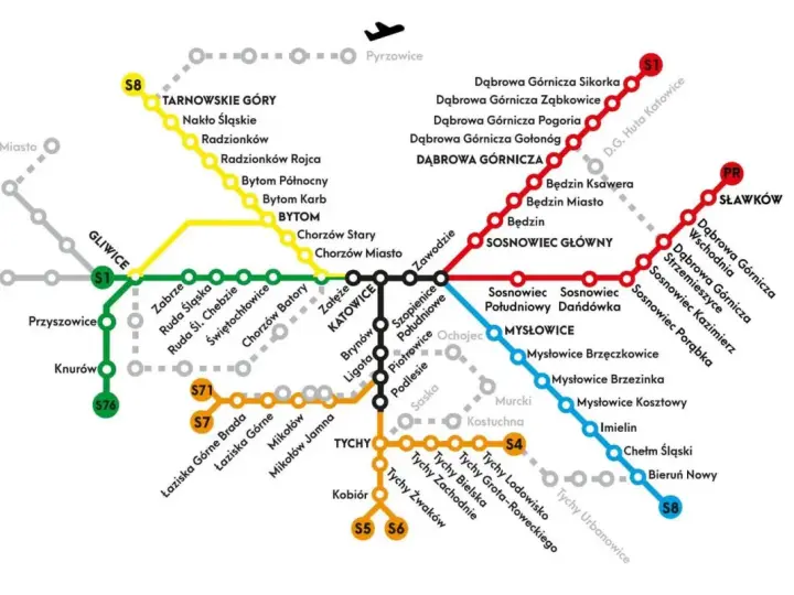 Mapa linii kolejowych Górnego Śląska, przedstawiająca pkp rozkład jazdy z zaznaczonymi stacjami i trasami.