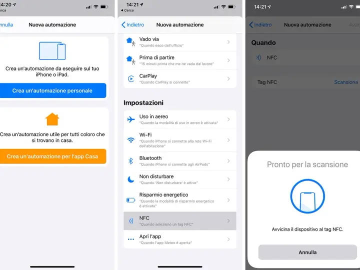 Configurazione automazione iPhone: seleziona NFC per creare un'azione con tag NFC.