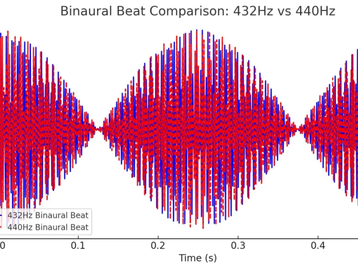 Wykres porównuje fale dźwiękowe 432 Hz i 440 Hz. Muzyka 432 Hz jest reprezentowana przez niebieską linię, a 440 Hz przez czerwoną.