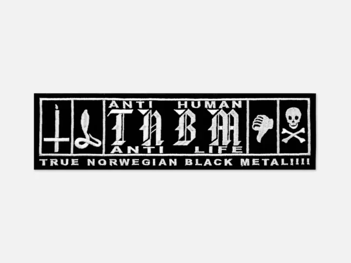Patch noir avec logo "TABM" et symboles, proclamant "TRUE NORWEGIAN BLACK METAL!!!!".