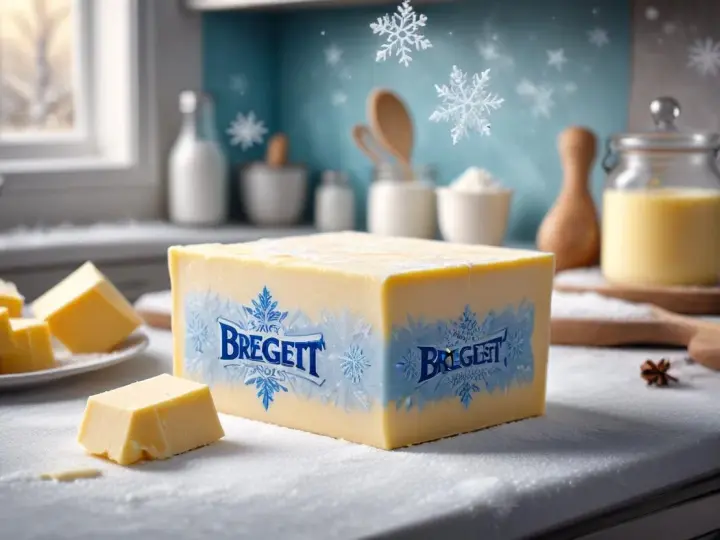 En stor bit Bregott ligger på ett snöigt köksbord. Frågan är: kan man frysa bregott? Snöflingor faller i bakgrunden.