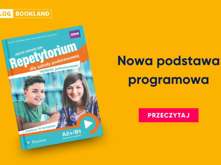 Okładka podręcznika "Repetytorium Język Angielski" z uśmiechniętymi uczniami.