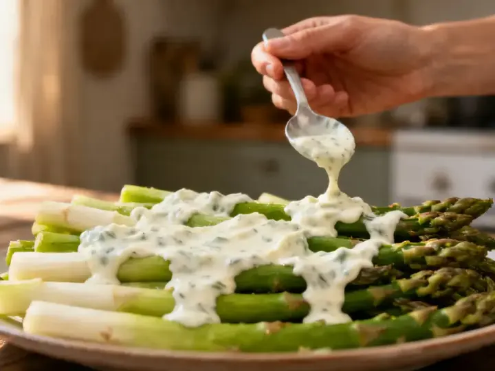 Une main verse une sauce légère pour asperges sur un plat d'asperges vertes et blanches.