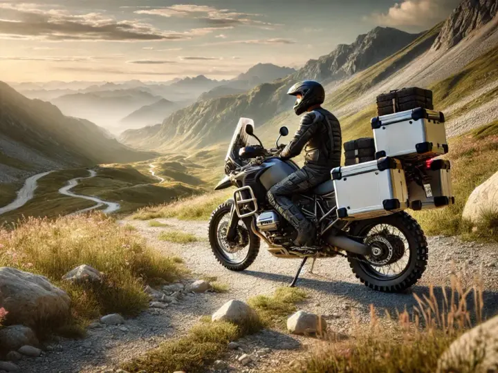 Motociclista en un trail baja cilindrada, con alforjas, recorriendo un camino sinuoso entre montañas al atardecer.