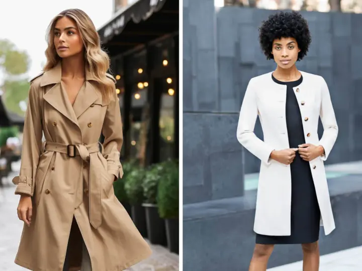 Donna con trench beige, ideale per ogni occasione. Accanto, un'altra donna con cappotto bianco elegante.