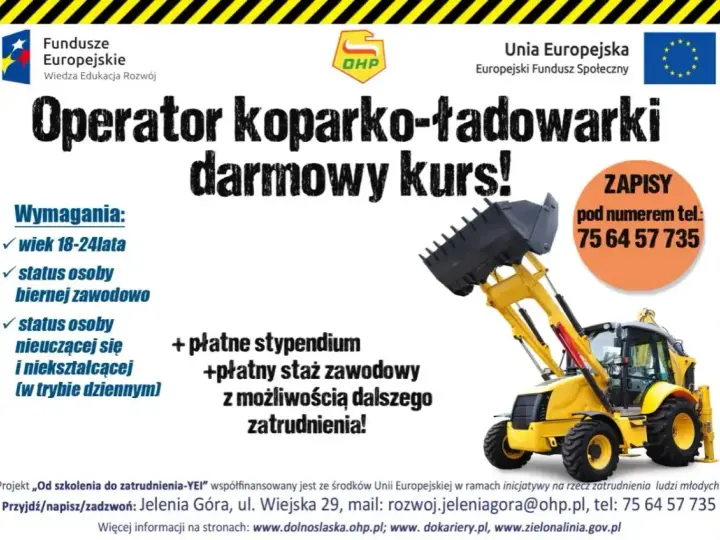 Darmowy kurs na koparko-ładowarkę dla osób w wieku 18-24 lata. Płatne stypendium i staż. Dowiedz się, ile kosztuje kurs na koparkę - tutaj jest za darmo!