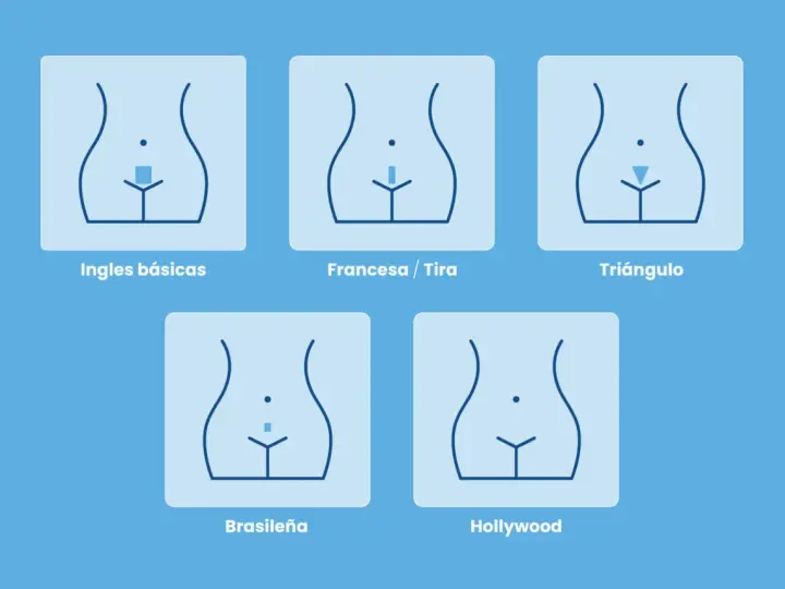 Ilustraciones de diferentes estilos de afeitado y depilación íntima: ingles básicas, francesa, triángulo, brasileña y Hollywood.