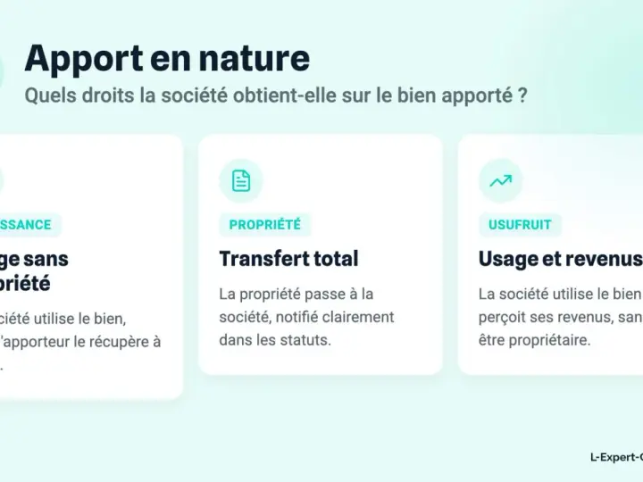 Illustration expliquant l'apport en nature : jouissance, propriété ou usufruit. Un exemple concret de droits sur un bien apporté.