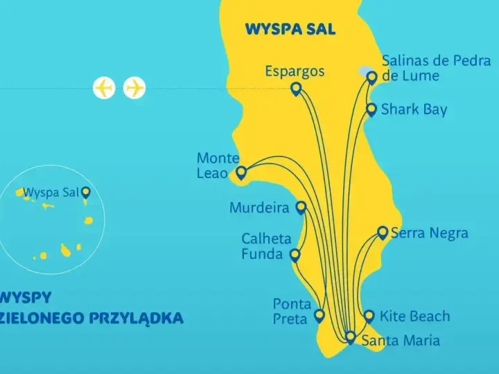 Mapa turystyczna Wyspy Sal, Republika Zielonego Przylądka, z zaznaczonymi atrakcjami: Espargos, Santa Maria, Kite Beach.
