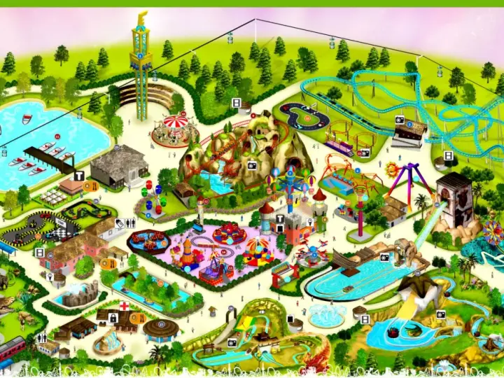 Isometric map of Etnaland theme park, showing rides, attractions, and themed areas like Prehistoria.