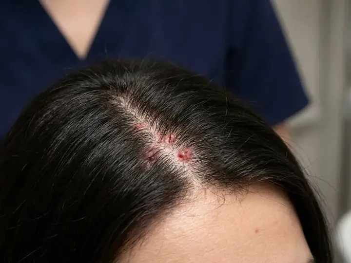Lesiones rojas y elevadas en el cuero cabelludo, indicativas de foliculitis.