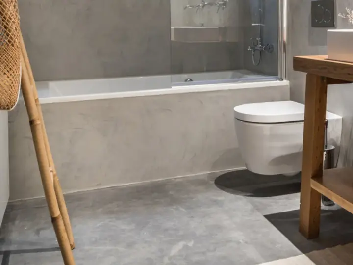 Baño moderno con bañera, inodoro suspendido y lavabo de madera. ¿Cuánto cuesta cambiar bañera por plato de ducha?