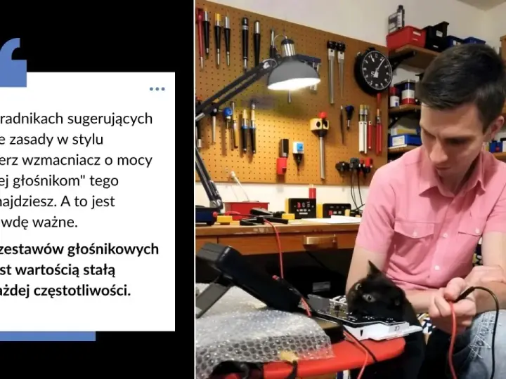 Mężczyzna z kotem przy biurku z narzędziami. Tekst o doborze wzmacniacza do głośników i mocy RMS.