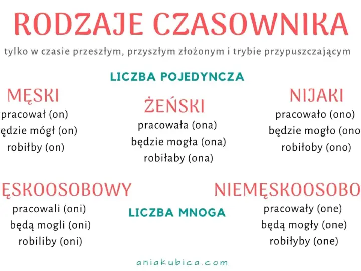 Rodzaje czasownika: męski, żeński, nijaki (l.poj.) i męskoosobowy, niemęskoosobowy (l.mn.). Czasownik to część mowy.
