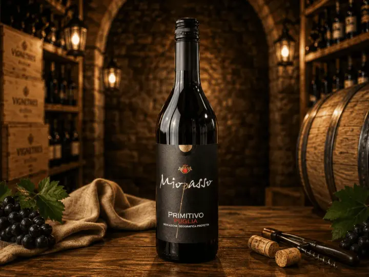 Butelka wina Primitivo Puglia na drewnianym stole, w tle piwniczka z winami, beczka i winogrona.