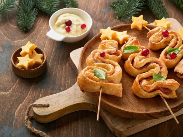 Delicioso árbol de navidad hojaldre con queso en forma de estrella y arándanos.