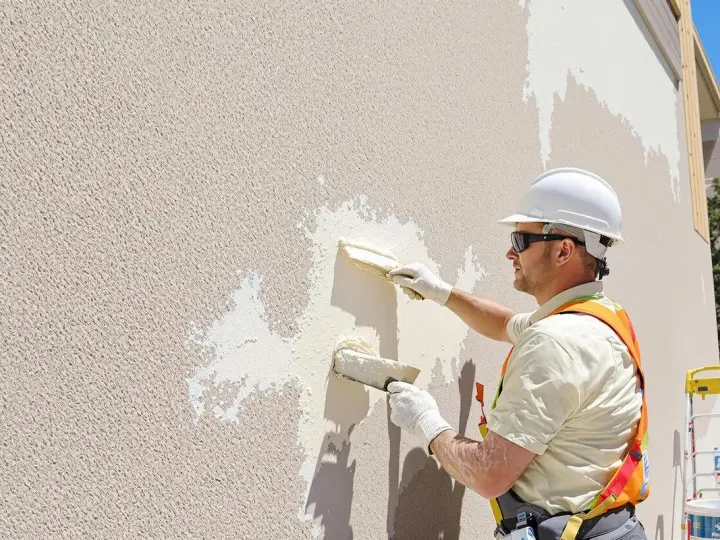 Un ouvrier en casque blanc applique un nouvel enduit extérieur sur un enduit existant, à l'aide de deux truelles.