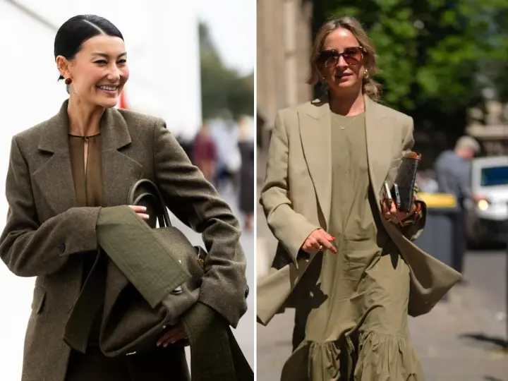 Dwie kobiety w eleganckich stylizacjach w odcieniach khaki. Jedna w brązowej marynarce i sukience, druga w beżowej marynarce i zielonej sukience.