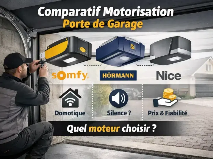 Comparatif de motorisations de porte de garage : Somfy, Hörmann, Nice. Quel moteur choisir pour domotique, silence et prix ?