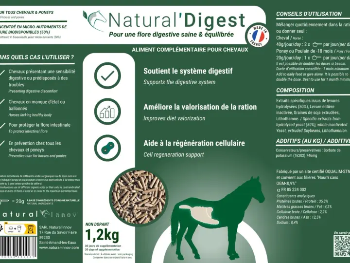 Aliment complémentaire pour chevaux, Natural'Digest, soutient le système digestif. Non dopant, 1,2kg.
