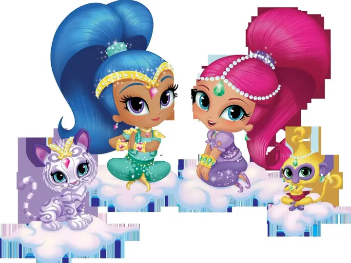 Dwie magiczne dżinny, Shimmer i Shine, siedzą na chmurkach z tygryskiem i małpką. Ich stroje shimmer i shine.