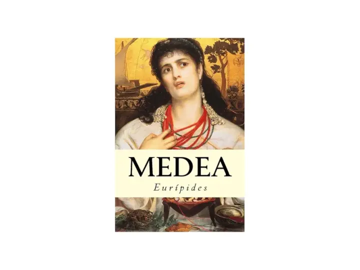 Medea, en tragisk gestalt från Euripides drama, avbildad med dramatiskt uttryck och röda halsband.
