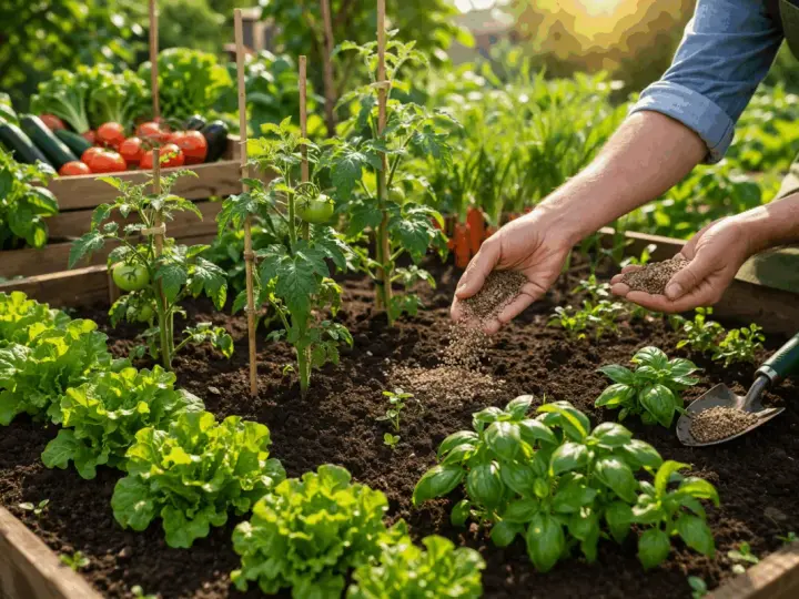 Mani spargono concime bio su un orto con lattuga, pomodori e basilico.