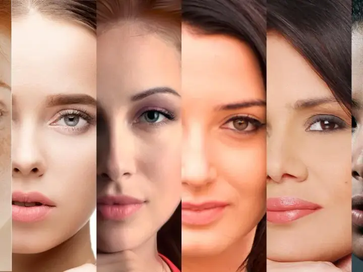 Seis rostros muestran la diversidad de fototipos de piel, desde pecas hasta tonos oscuros, celebrando la belleza en todas sus formas.