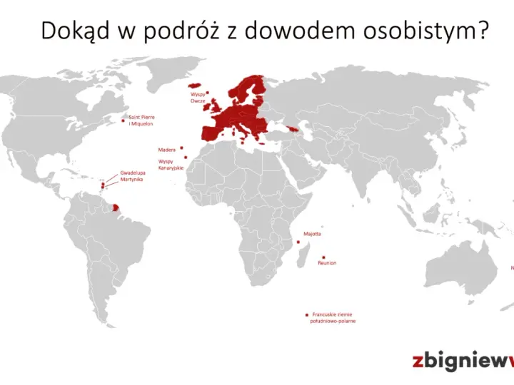 Mapa świata z zaznaczonymi miejscami, gdzie można podróżować bez paszportu: Europa, wyspy na Atlantyku, Karaiby, Reunion, Majotta, Nowa Kaledonia, Polinezja Francuska.