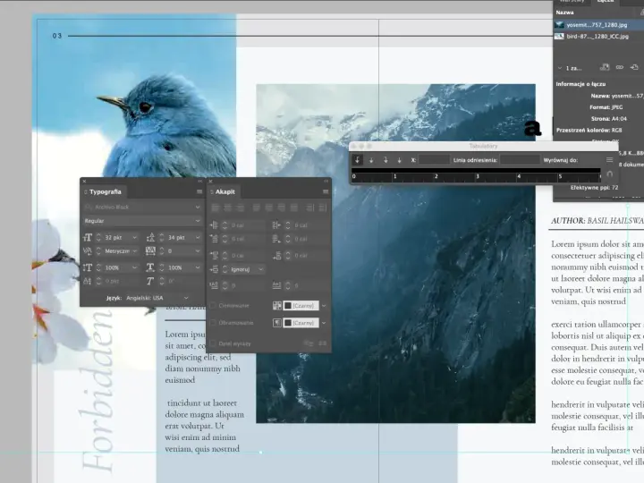 Panel "Typografia" w programie Adobe InDesign, z widocznym ptakiem i górami.