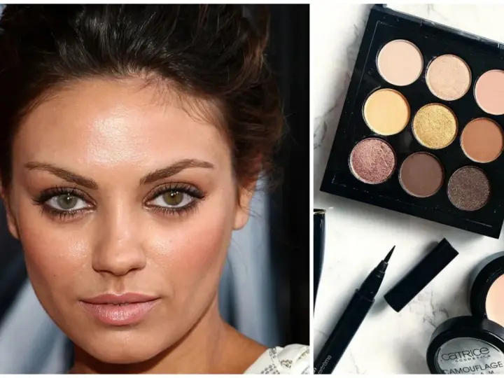 Makijaż do zielonych oczu: brązowe i złote cienie podkreślają tęczówki. Paleta z dziewięcioma kolorami, eyeliner i róż.