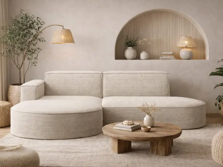 Ein gemütliches, beigefarbenes **Ecksofa mitten im Raum** lädt zum Entspannen ein. Ein runder Holztisch und ein Teppich vervollständigen das Bild.
