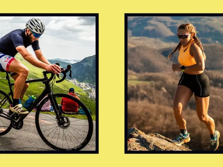 A cyclist's powerful legs power up a mountain road, contrasting with a runner's strong legs on a rocky trail.