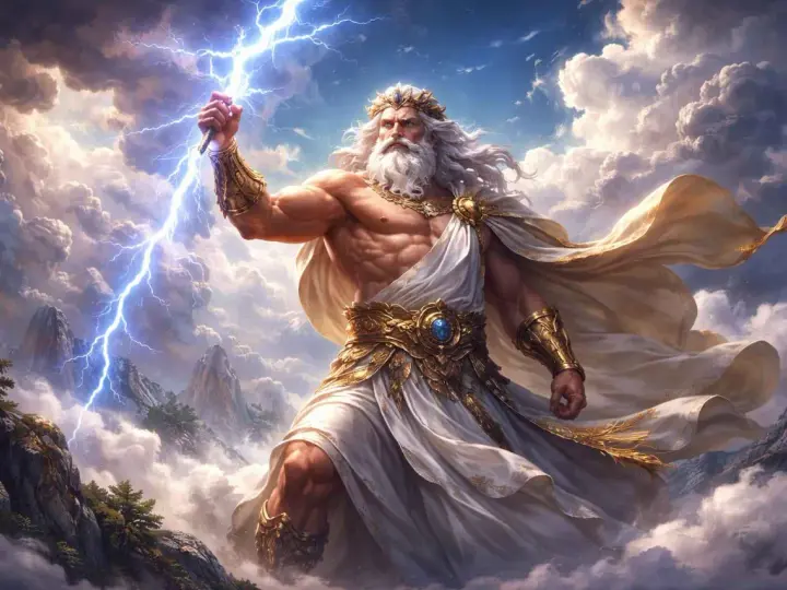Zeus bóg gromowładny, z błyskawicą w dłoni, w chmurach nad górami.
