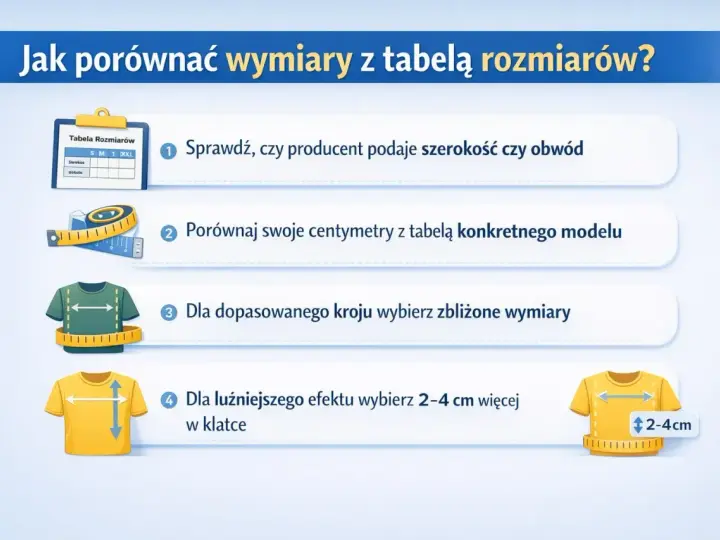 Jak się mierzy koszulę? Porównaj swoje centymetry z tabelą rozmiarów. Dla luźniejszego efektu dodaj 2-4 cm w klatce.